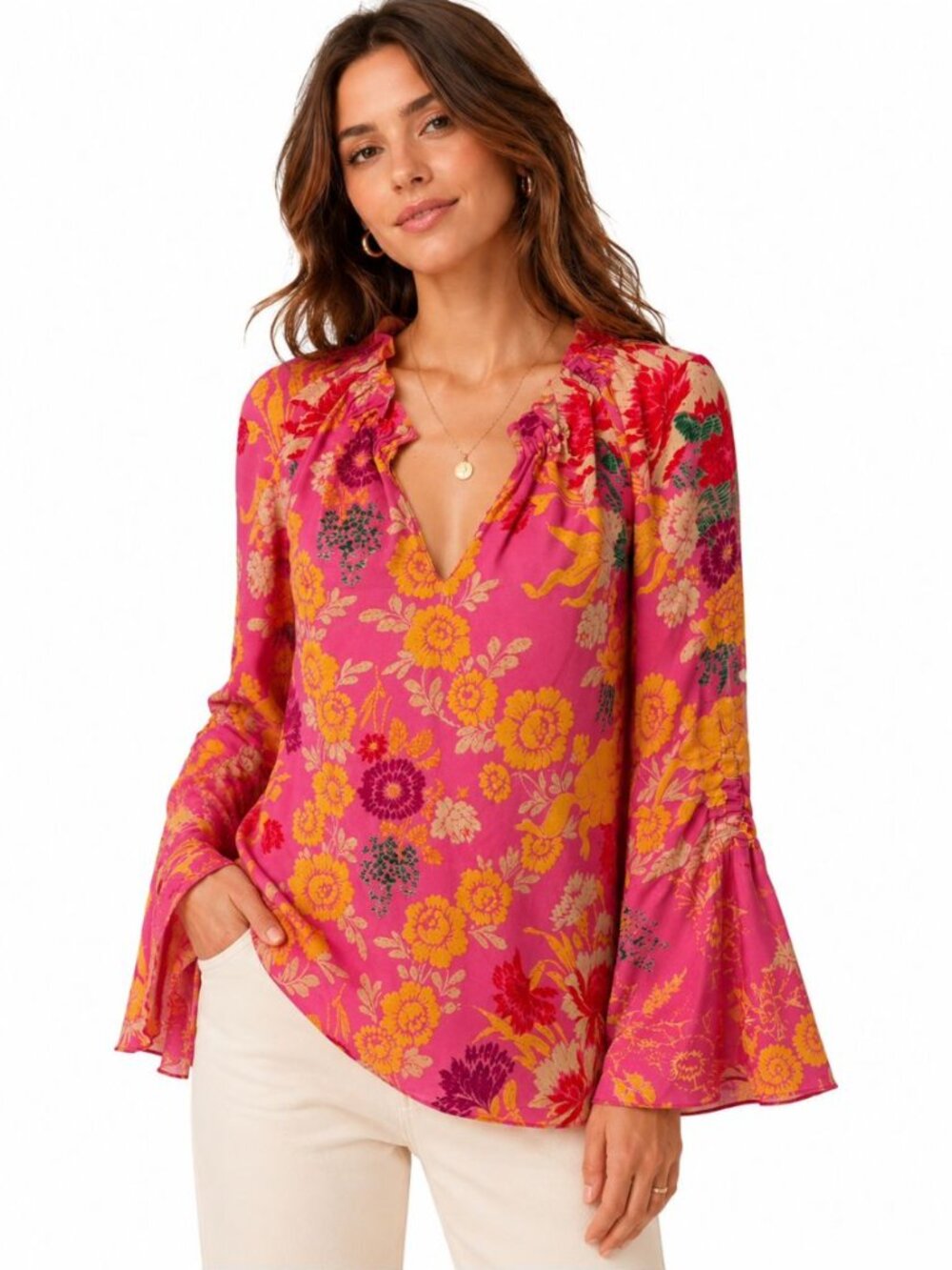 Kobi Halperin Jenna 100% Silk Blouse Top Floral Bell Sleeve Relaxed Boho Size XS